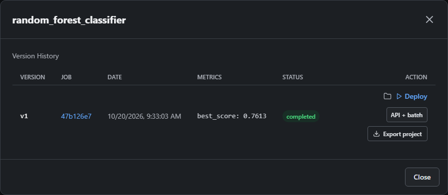 Model Registry version dialog with the format selector and Export project button