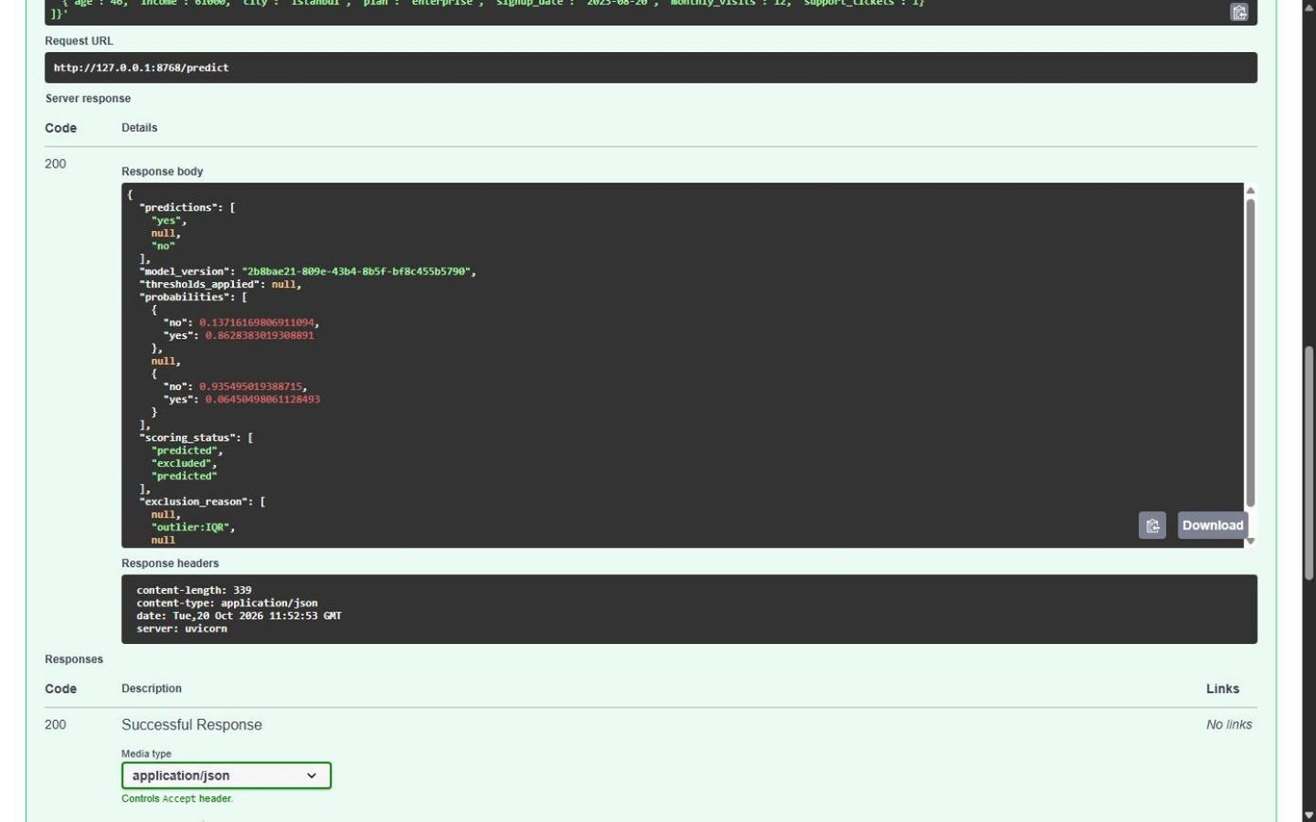 Exported model API answering a prediction request, with one outlier row marked as excluded
