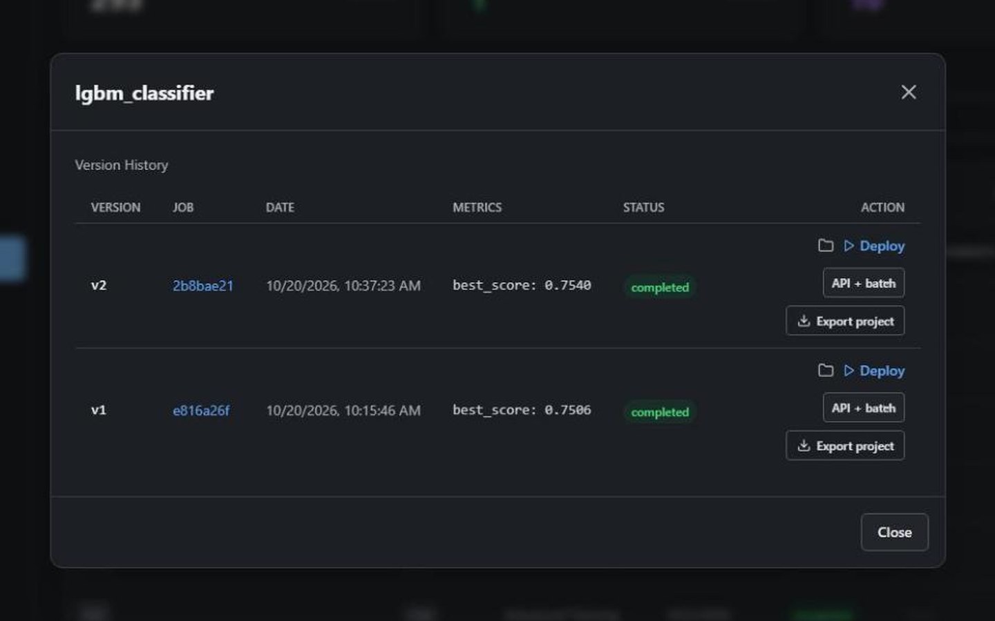 Model Registry version list with an Export project button for each version
