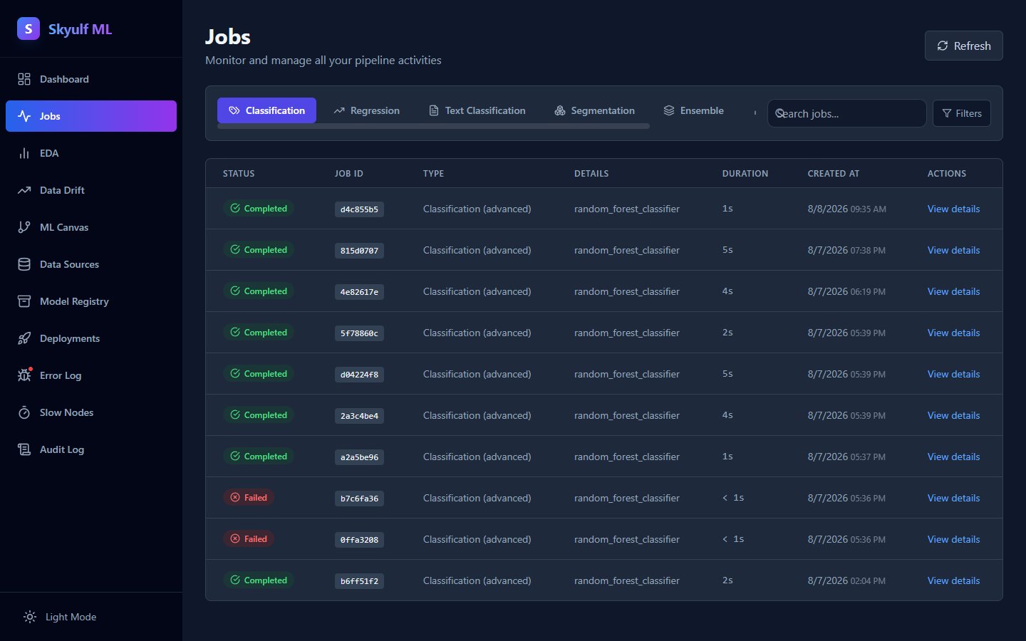 Skyulf jobs list showing background training runs